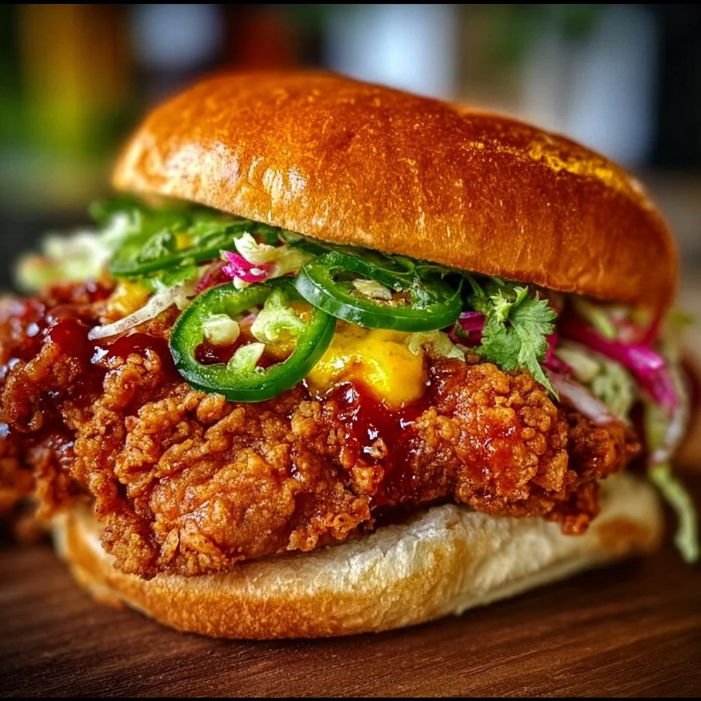 Thai Fried Chicken Sandwich served with fresh toppings and spicy sauce