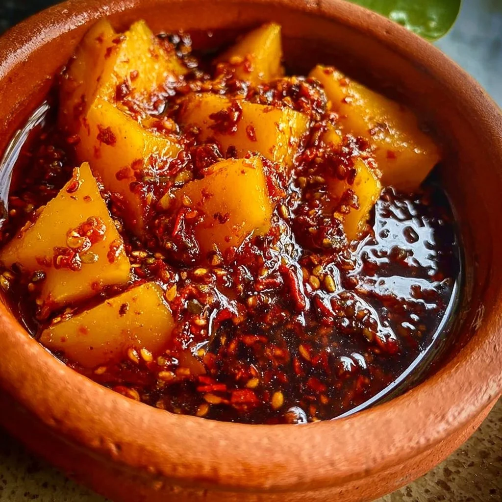 Thai mango dipping sauce served in a bowl with fresh herbs