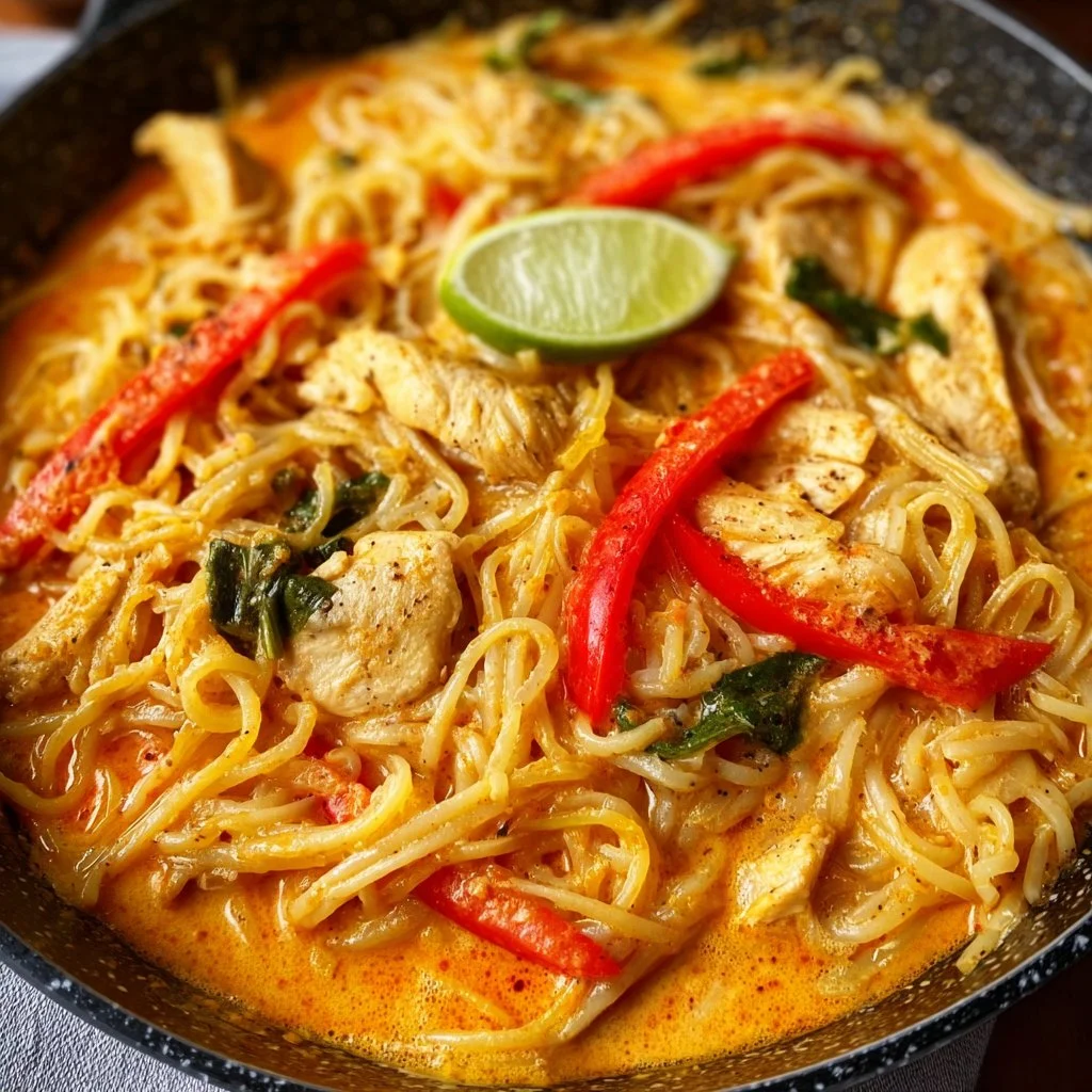 Bowl of Thai Red Curry Noodles with Chicken garnished with fresh herbs