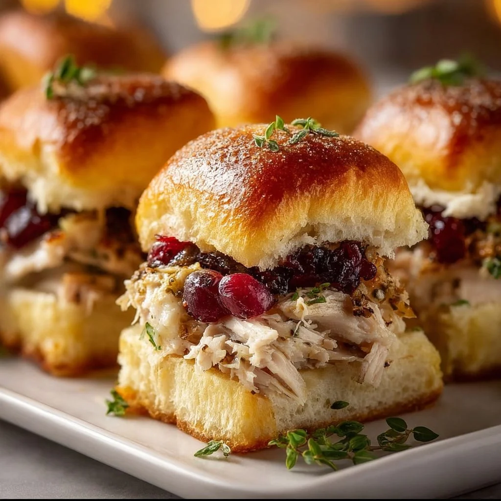 Thanksgiving leftover turkey cranberry sliders served on a platter