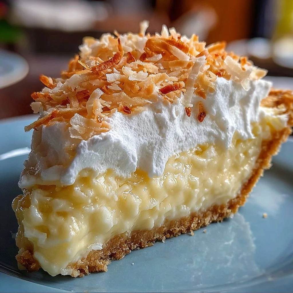 Delicious slice of the absolute best coconut cream pie with whipped cream topping.