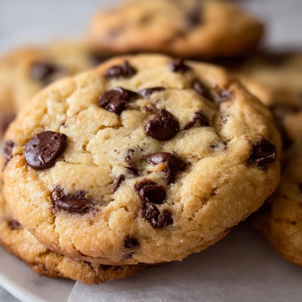 Delicious soft chocolate chip cookies on a baking sheet, fresh from the oven.