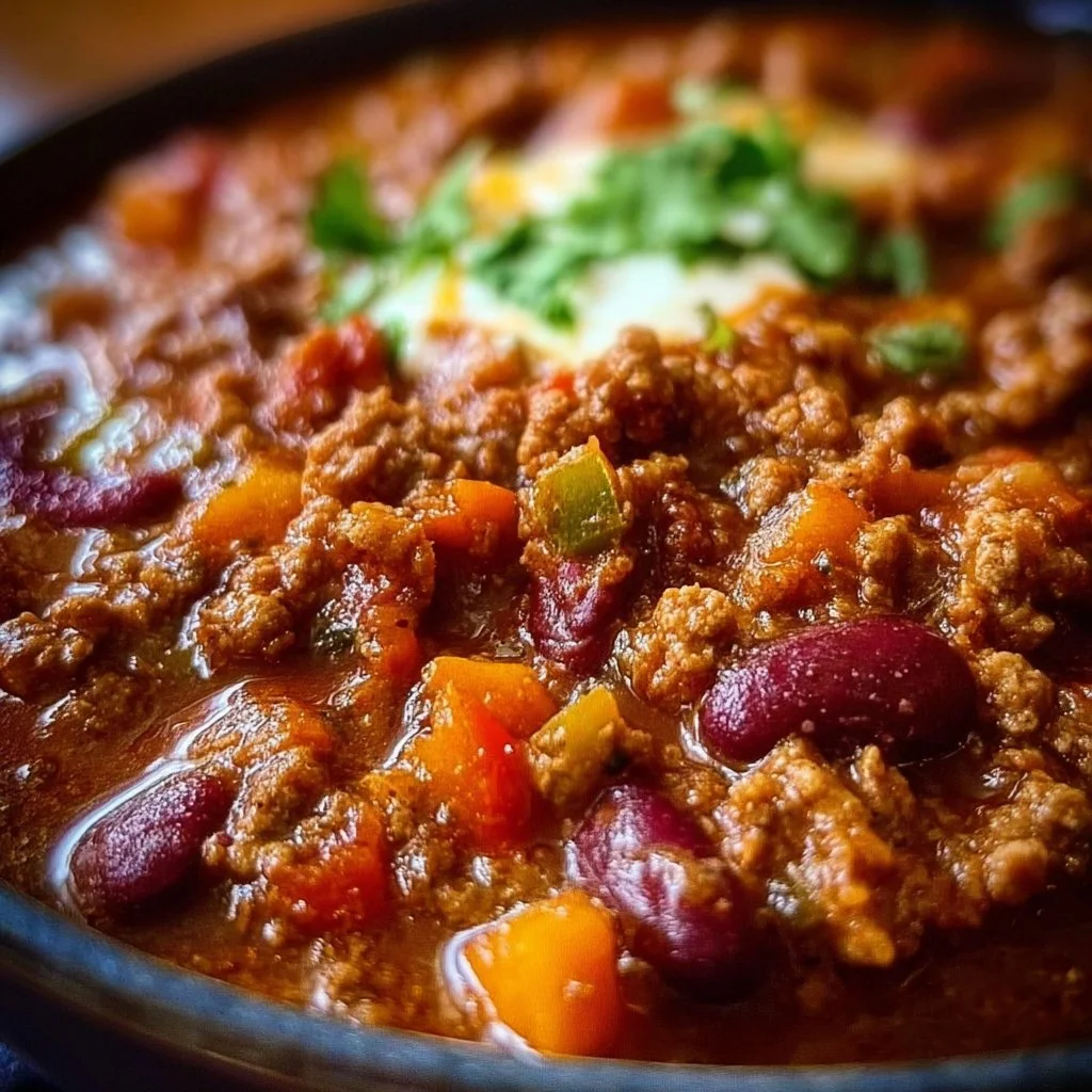 bowl of Pioneer Woman Chili garnished with herbs and served with cornbread