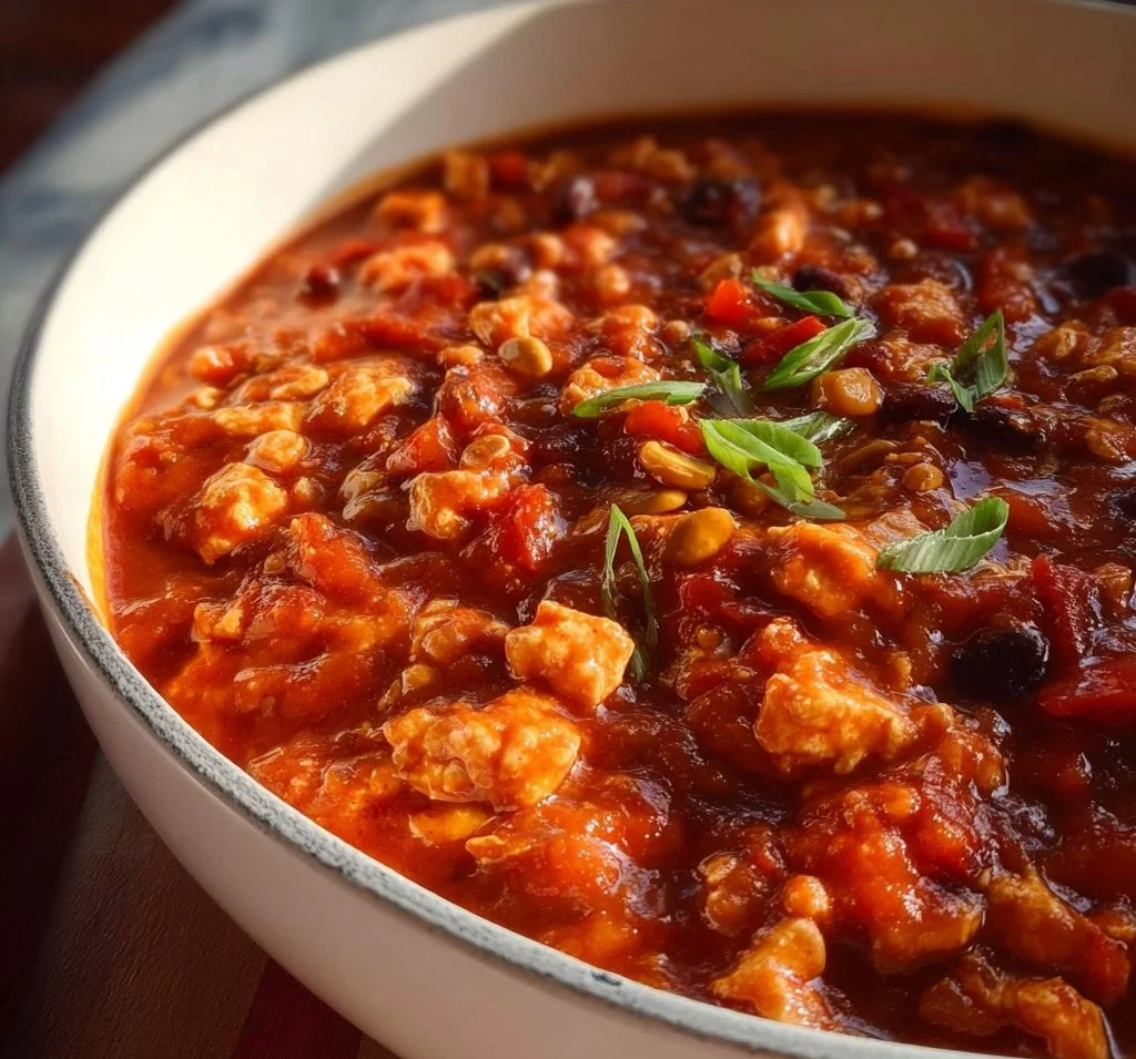 Bowl of delicious Tofu Chili topped with fresh herbs and spices