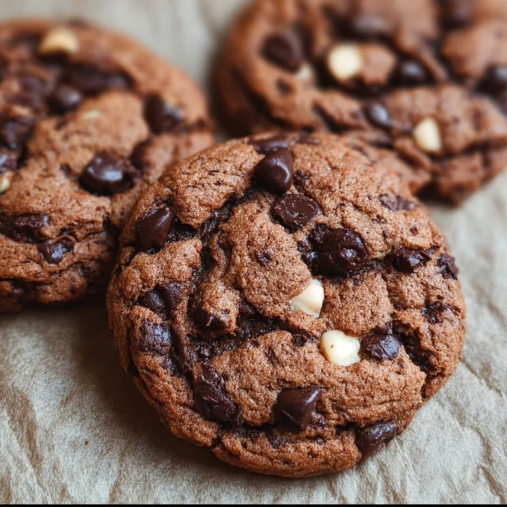 Plate of delicious triple chocolate chip cookies with gooey chocolate chunks.