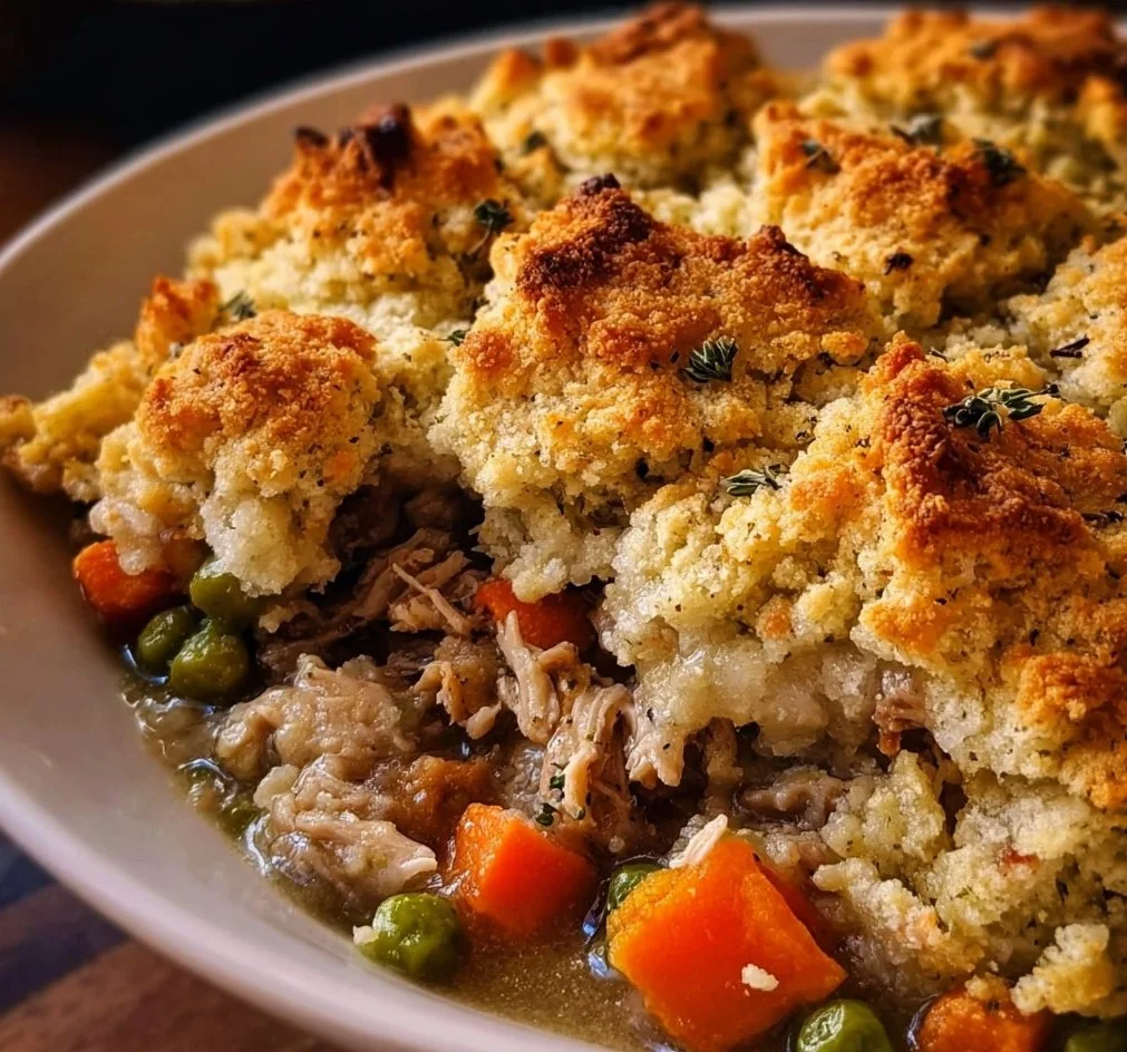 Homemade Turkey Pot Pie with a savory stuffing crust