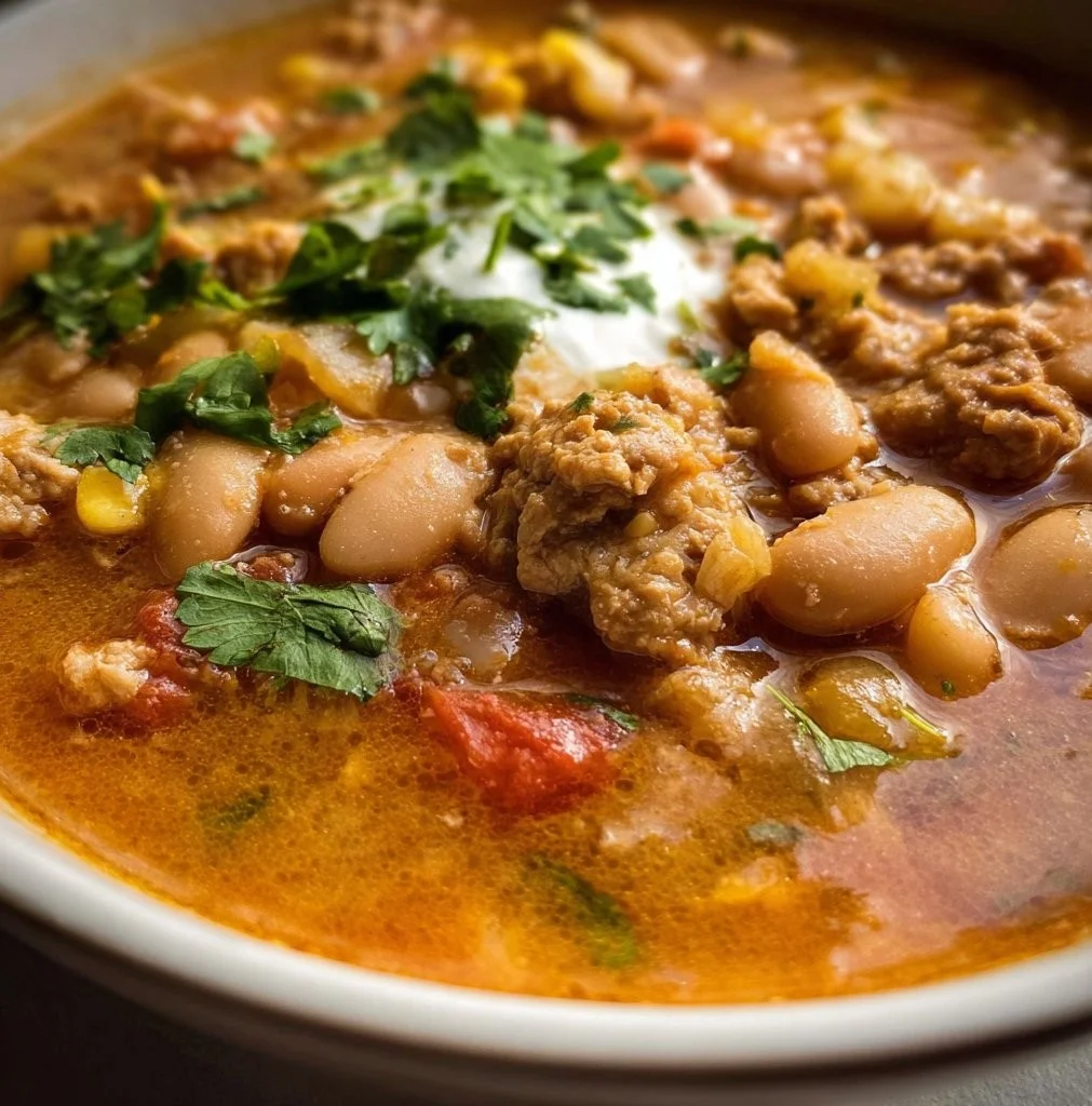 Bowl of Turkey White Bean Chili garnished with herbs and served with cornbread