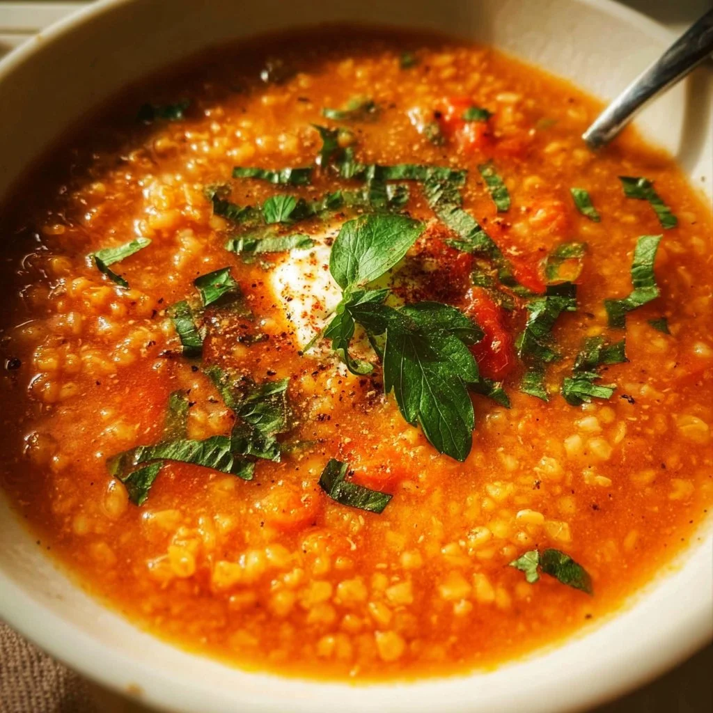 Bowl of Turkish Bulgur Soup garnished with fresh herbs and spices.
