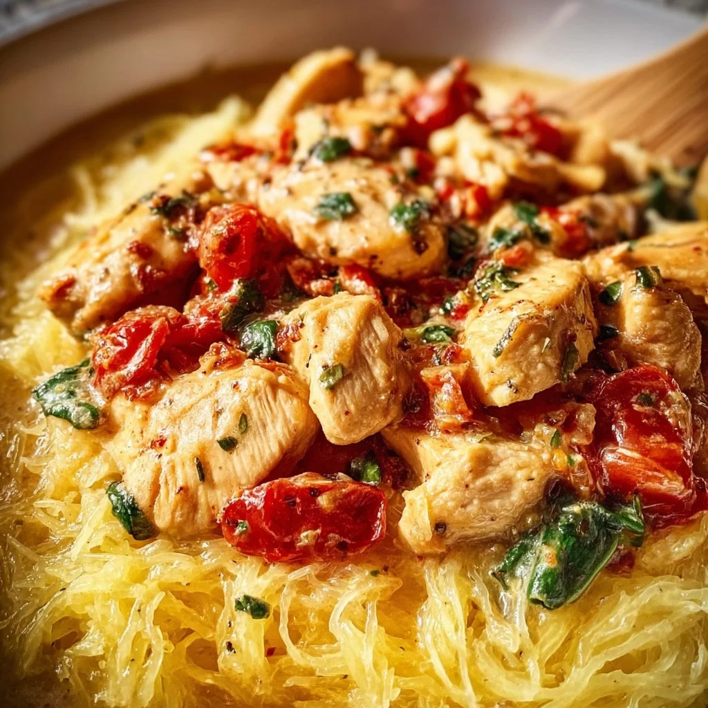 Tuscan chicken served with spaghetti squash on a plate