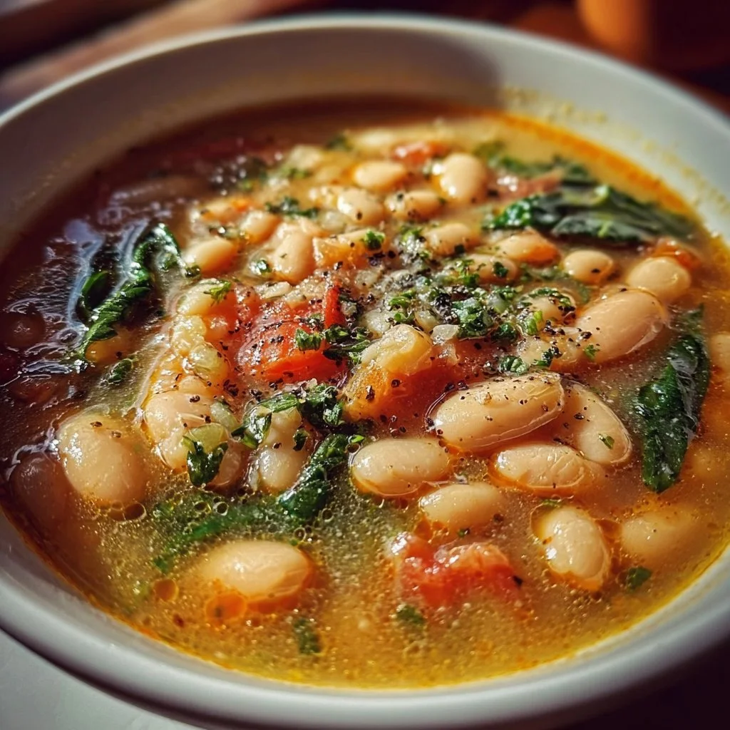 Bowl of homemade Tuscan White Bean Soup garnished with herbs and olive oil