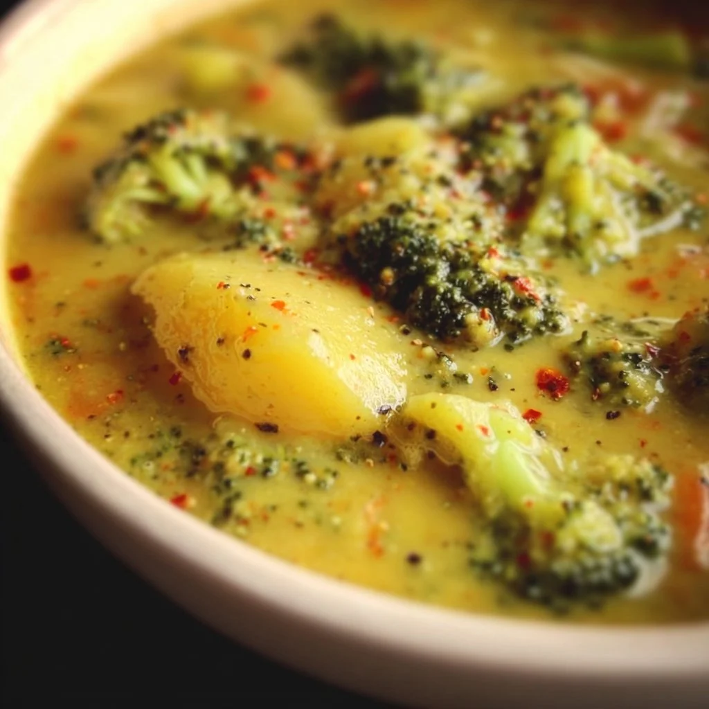 A bowl of vegan broccoli potato soup garnished with fresh herbs.