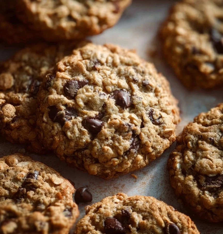 Vegan oatmeal chocolate chip cookies on a plate