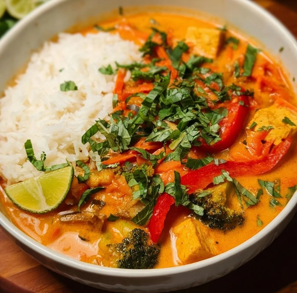 Bowl of Vegan Thai Red Curry with colorful vegetables and herbs