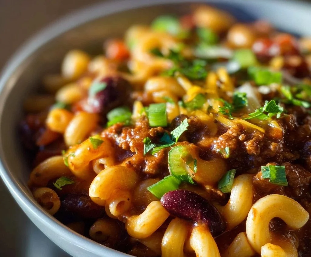 Bowl of hearty Vegetarian Chili Mac topped with cheese and herbs