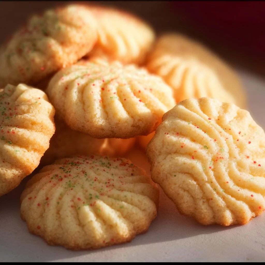 Platter of freshly baked whipped shortbread cookies with a light, buttery texture.