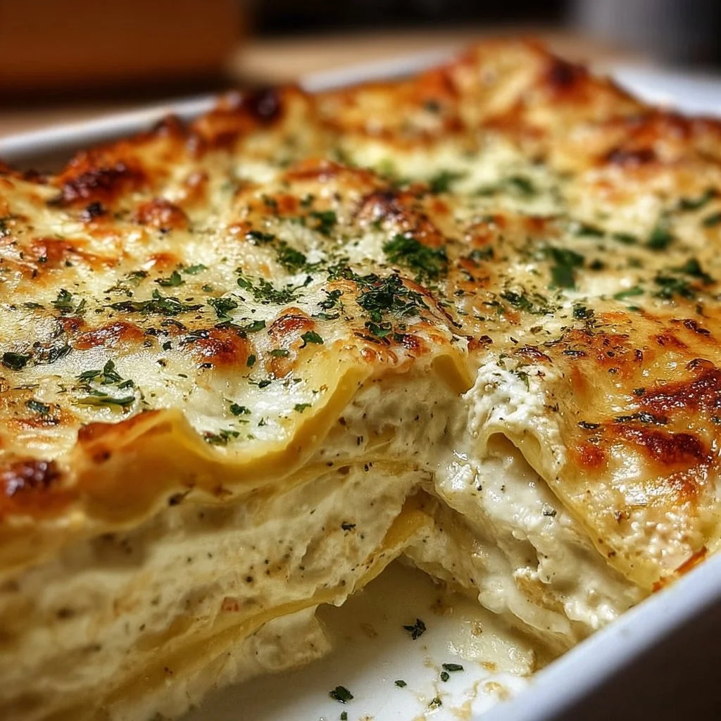 Delicious white cheese chicken lasagna with creamy layers and baked to perfection