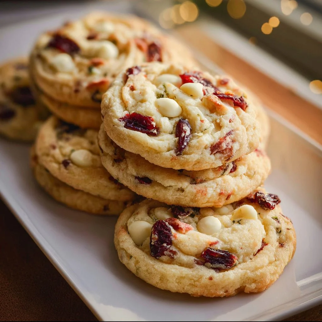 Freshly baked white chocolate cranberry cookies on a cooling rack