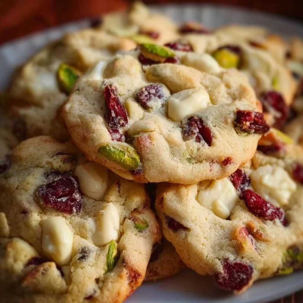 White Chocolate Cranberry Pistachio Cookies on a baking sheet