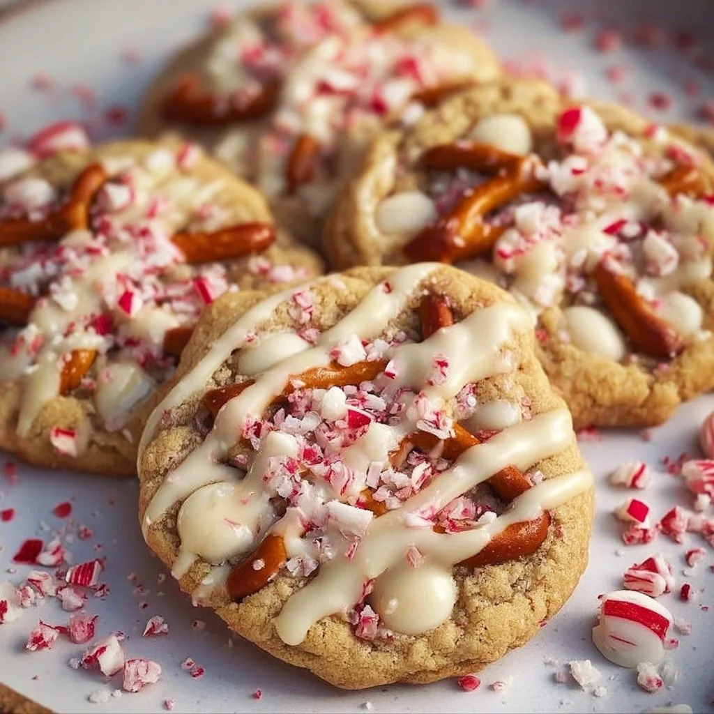 White chocolate peppermint pretzel cookies topped with crushed candy canes.