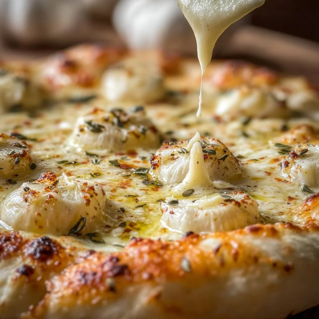 White garlic pizza sauce drizzled on a freshly baked pizza