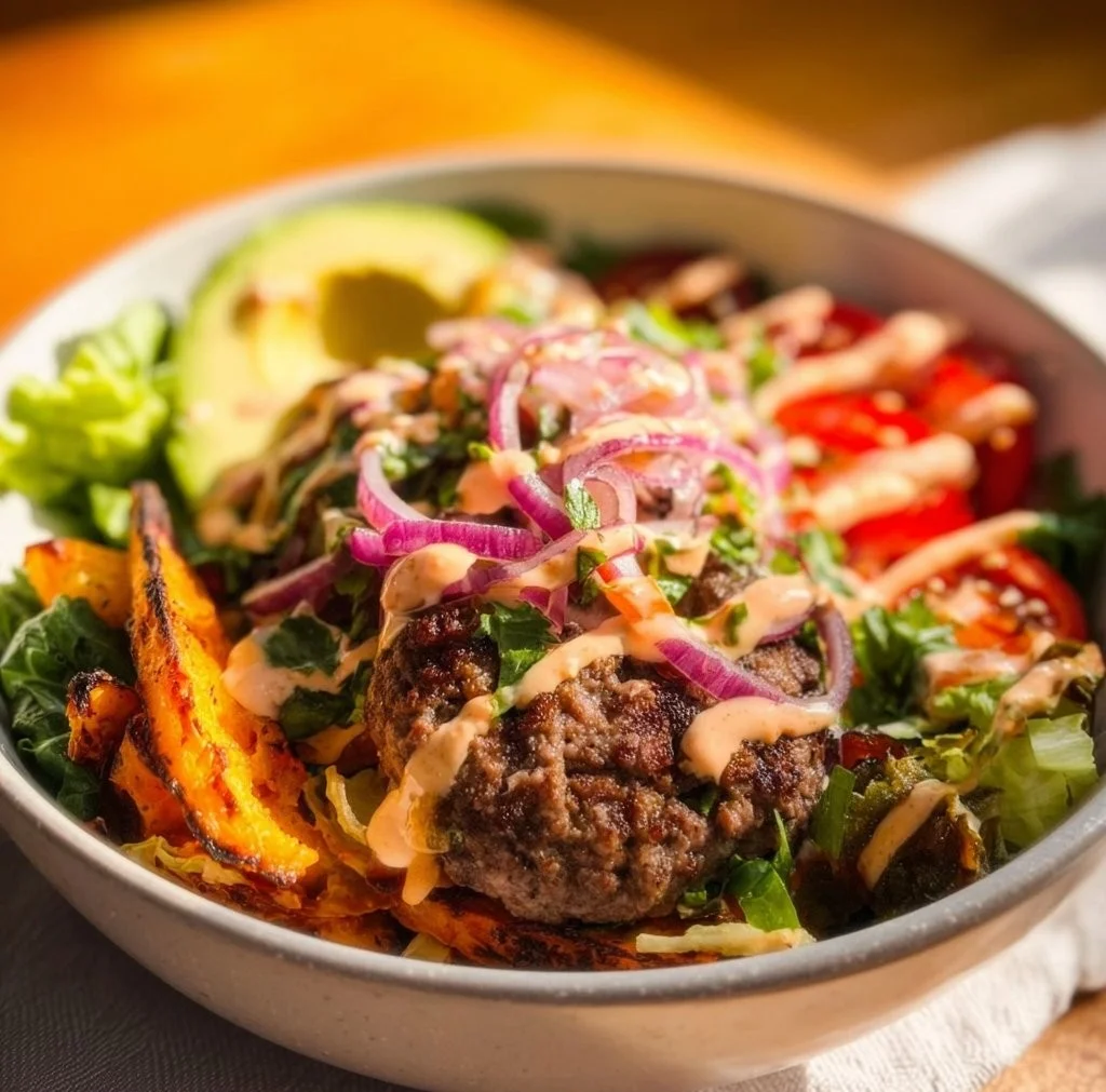 Whole 30 burger bowl featuring fresh ingredients in a healthy meal prep