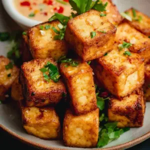 Deliciously crispy air fryer tofu served on a plate