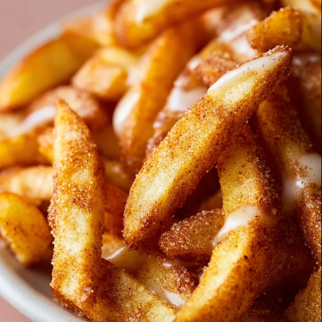 Crispy air fryer apple fries served on a plate with a cinnamon dip