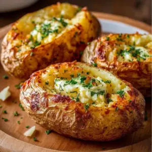 Crispy air fryer baked potatoes served with toppings on a plate