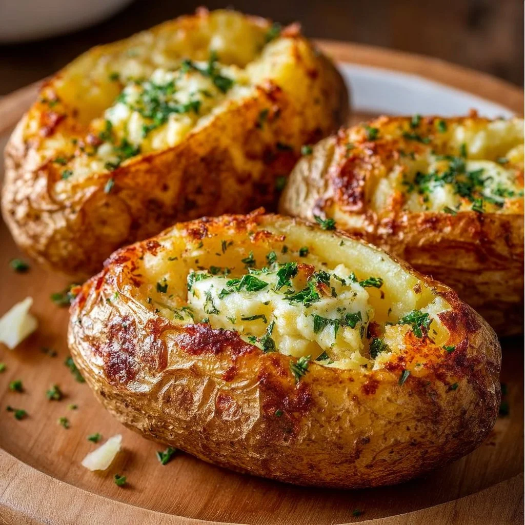 Crispy air fryer baked potatoes served with toppings on a plate