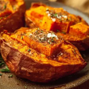 Air fryer baked sweet potatoes served on a plate with herbs