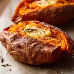 Air fryer baked sweet potatoes served on a plate with herbs