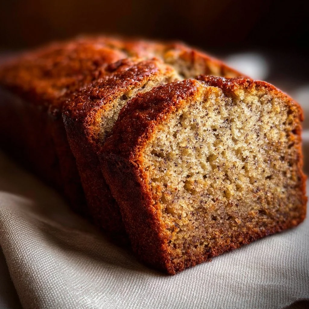 Delicious air fryer banana bread sliced and served on a wooden table