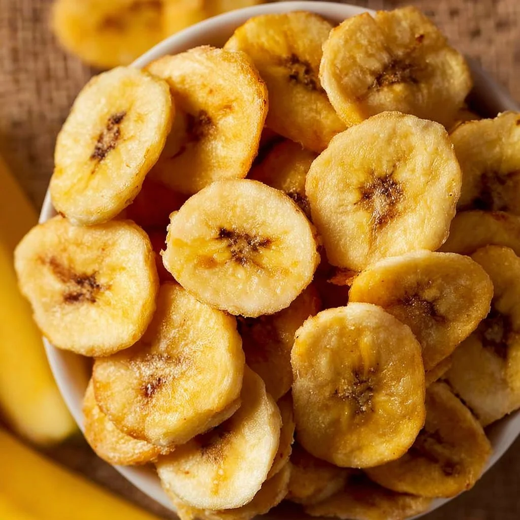 Crispy air fryer banana chips on a plate