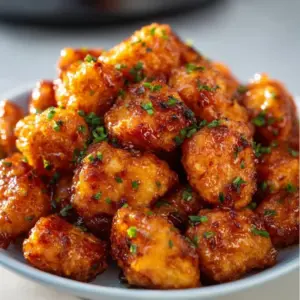 Crispy Air Fryer Bang Bang Chicken served with a spicy sauce and garnished.