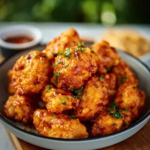 Crispy Air Fryer Bang Bang Chicken served on a plate with dipping sauce