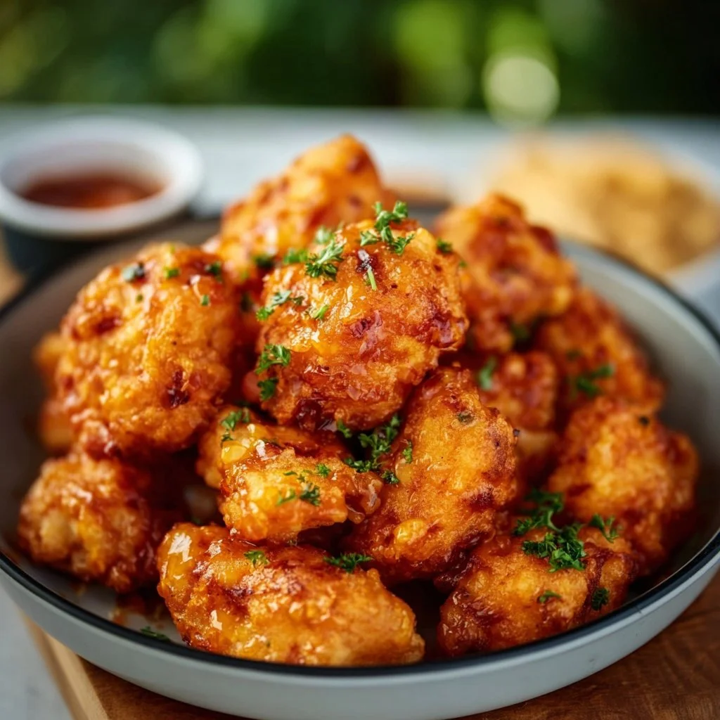 Crispy Air Fryer Bang Bang Chicken served on a plate with dipping sauce