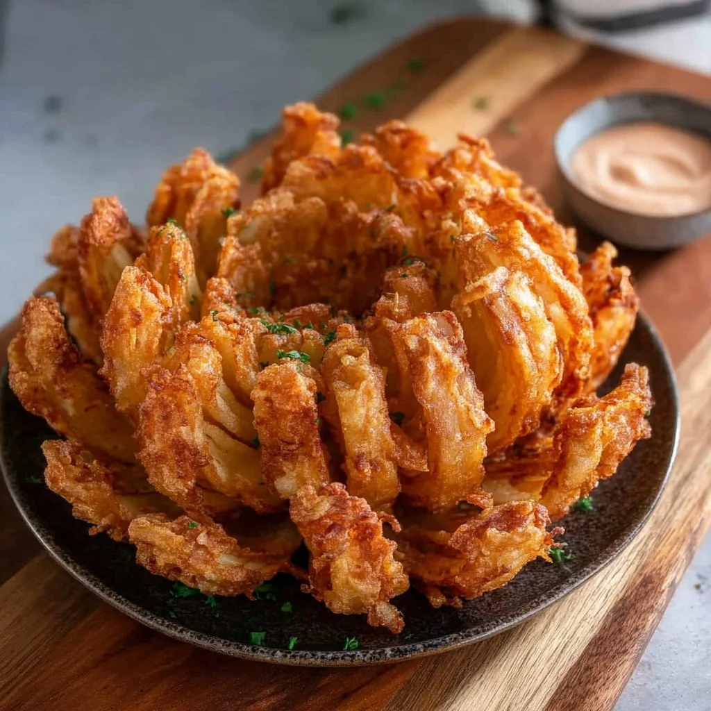 Crispy Air Fryer Blooming Onion served with dipping sauce