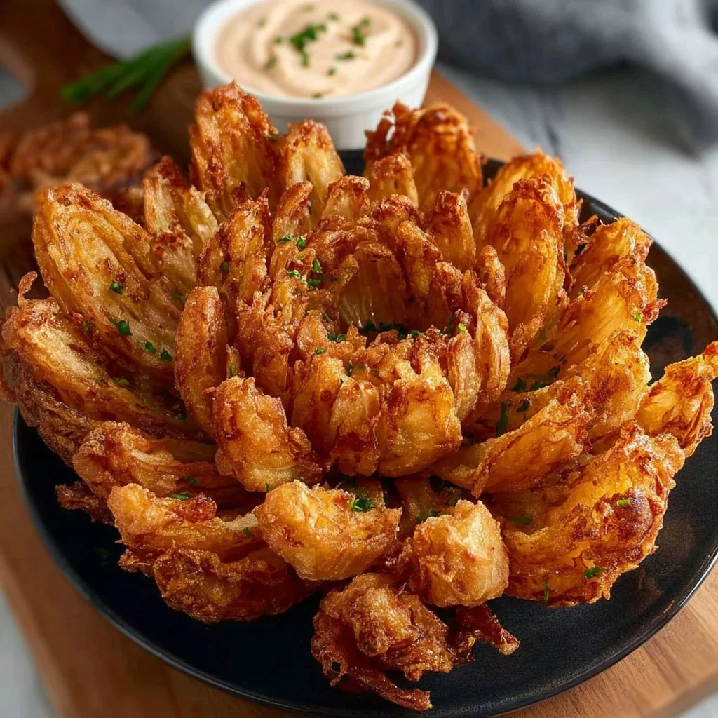 Crispy Air Fryer Blooming Onion served with dipping sauce
