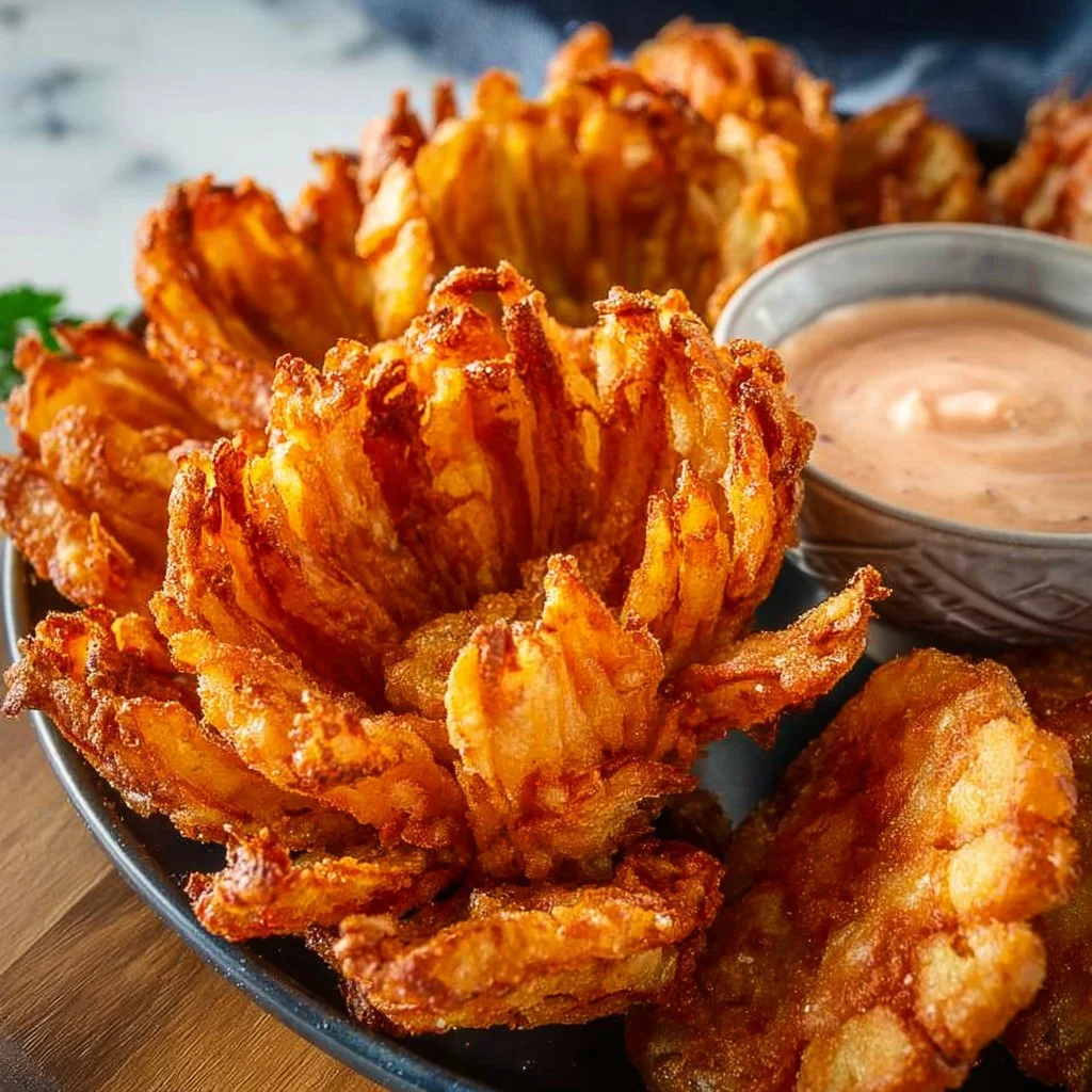 Crispy air fryer blooming onion served with dipping sauce