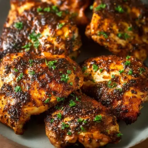 Crispy air fryer boneless chicken thighs served with vegetables