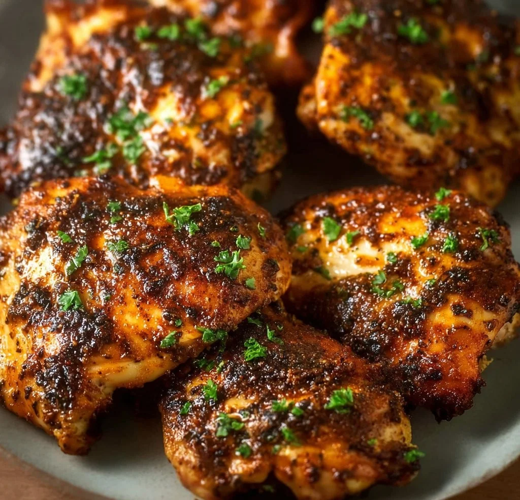 Crispy air fryer boneless chicken thighs served with vegetables