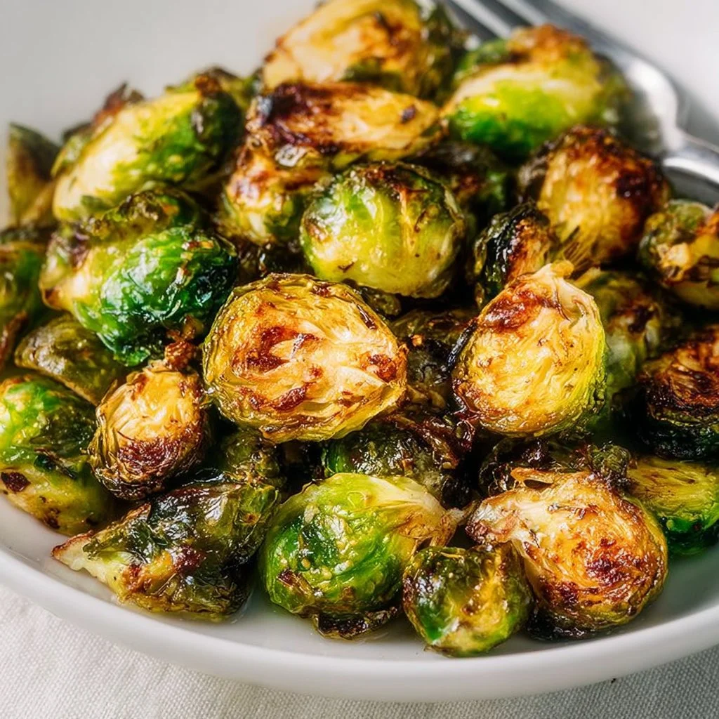 Crispy Air Fryer Brussels sprouts served in a bowl with seasoning.