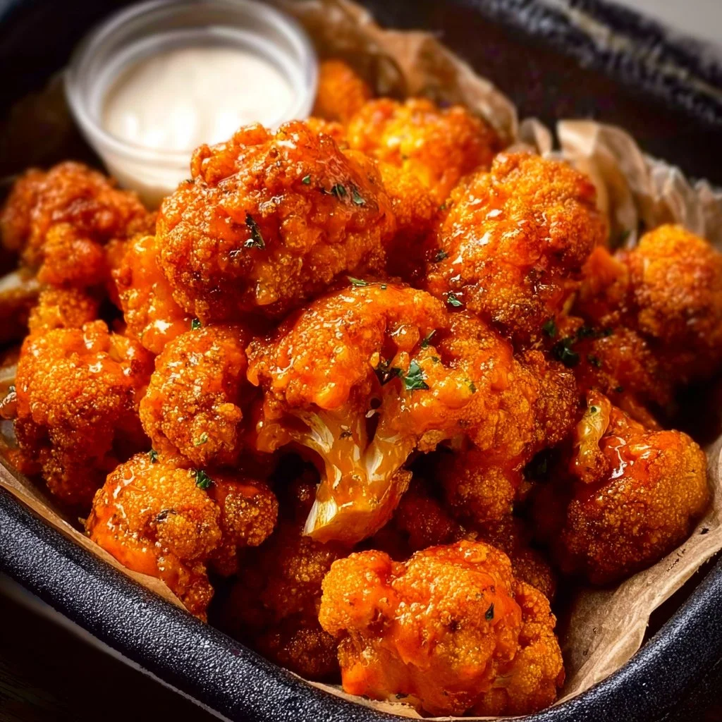 Air Fried Buffalo Cauliflower Bites served on a plate with dipping sauce