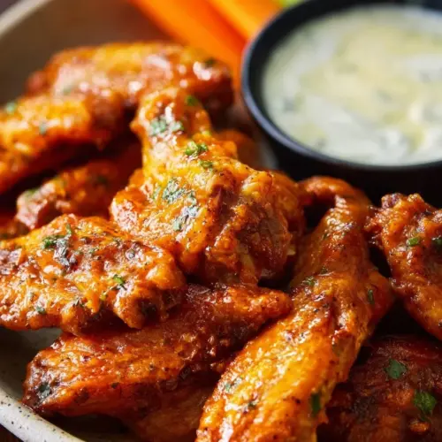 Crispy Air Fryer Buffalo Wings served with ranch dipping sauce