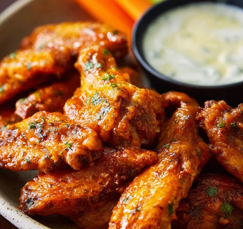 Crispy Air Fryer Buffalo Wings served with ranch dipping sauce