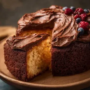 Delicious air fryer cake served on a plate with frosting and berries.