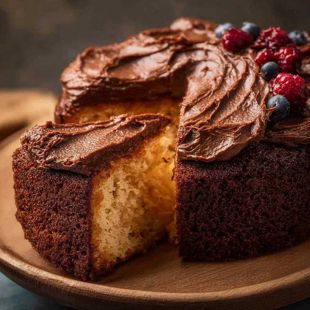 Delicious air fryer cake served on a plate with frosting and berries.
