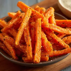 Crispy air fryer carrot fries served in a bowl with dipping sauce