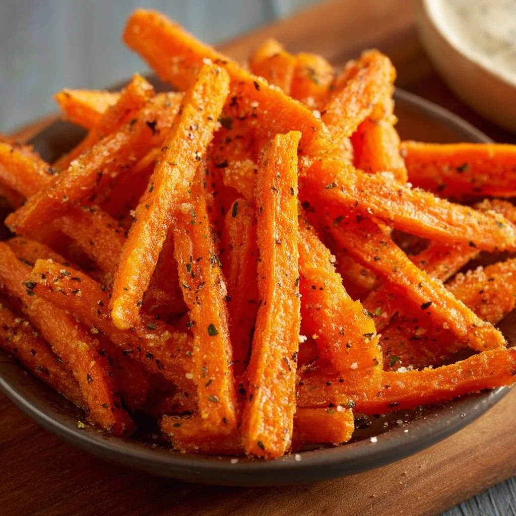 Crispy air fryer carrot fries served in a bowl with dipping sauce