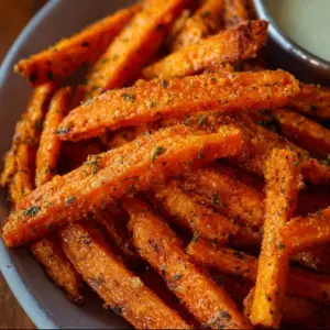 Crispy air fryer carrot fries served on a plate with dipping sauce.